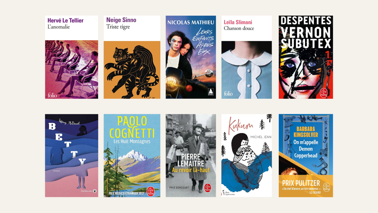 Sélection de couvertures de romans contemporains, avec des titres d’Hervé Le Tellier, Neige Sinno, Nicolas Mathieu, Leïla Slimani, Virginie Despentes, Paolo Cognetti et Barbara Kingsolver.