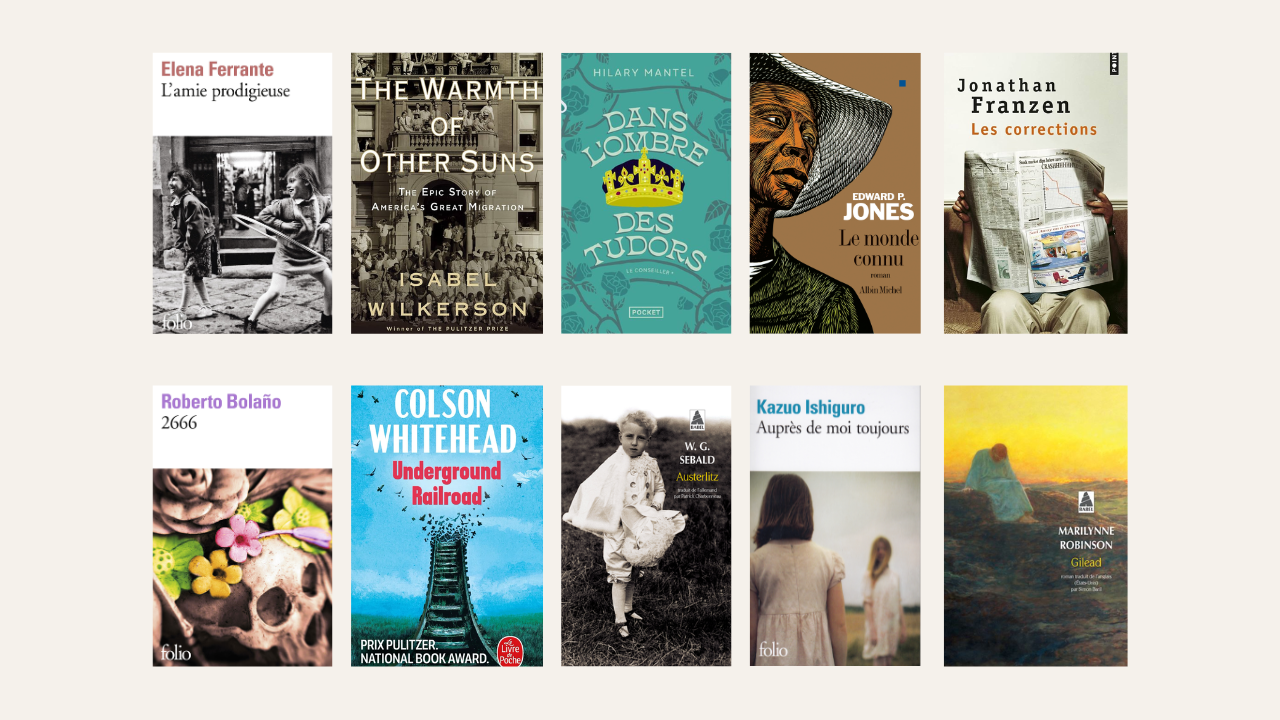 Sélection de couvertures de romans contemporains et grands textes littéraires, avec des titres d’Elena Ferrante, Isabel Wilkerson, Hilary Mantel, Colson Whitehead, Kazuo Ishiguro et Marilynne Robinson.