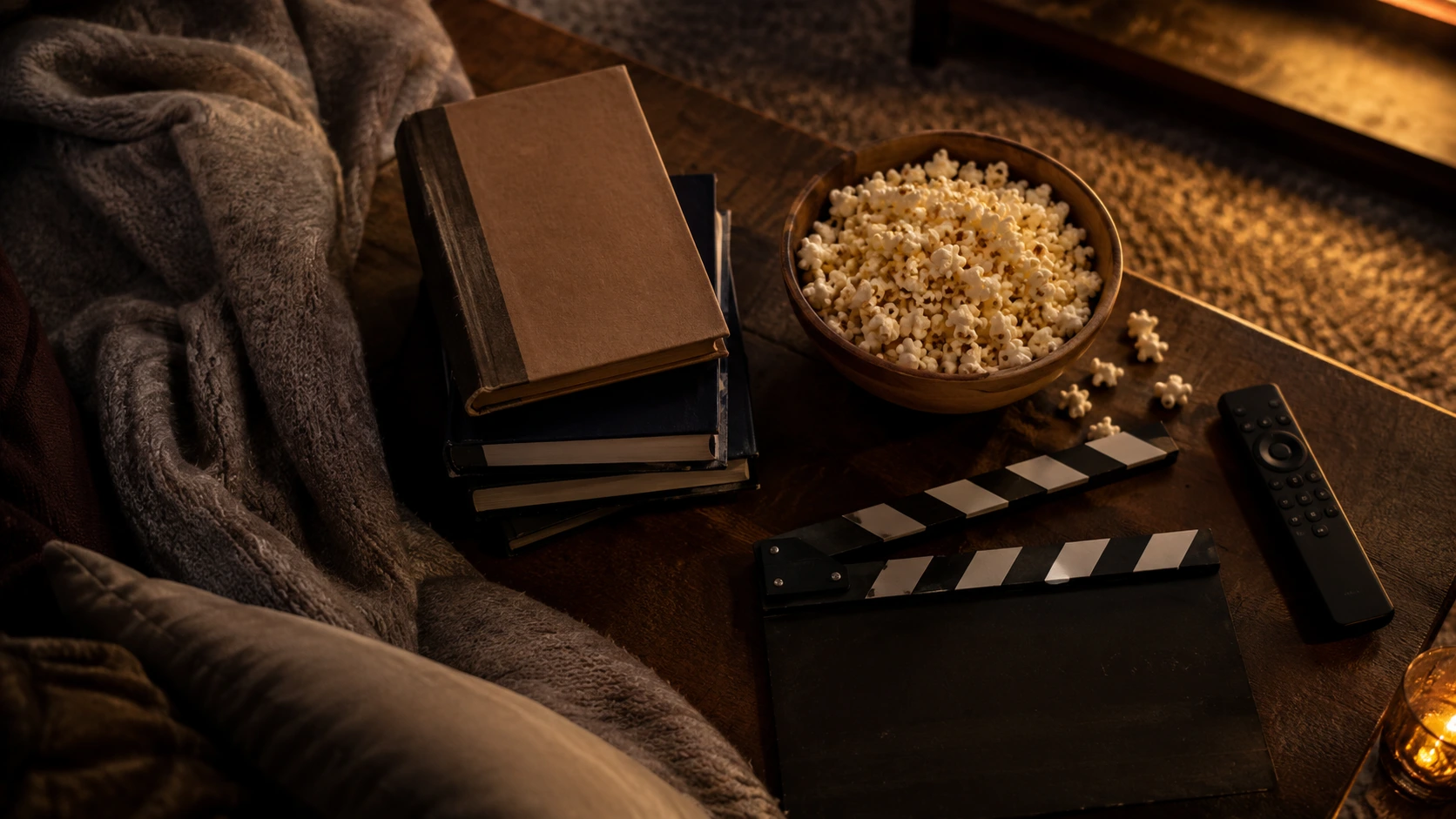 Ambiance cosy avec livres, pop-corn et clap de cinéma sur une table basse, idéale pour une soirée lecture et film.