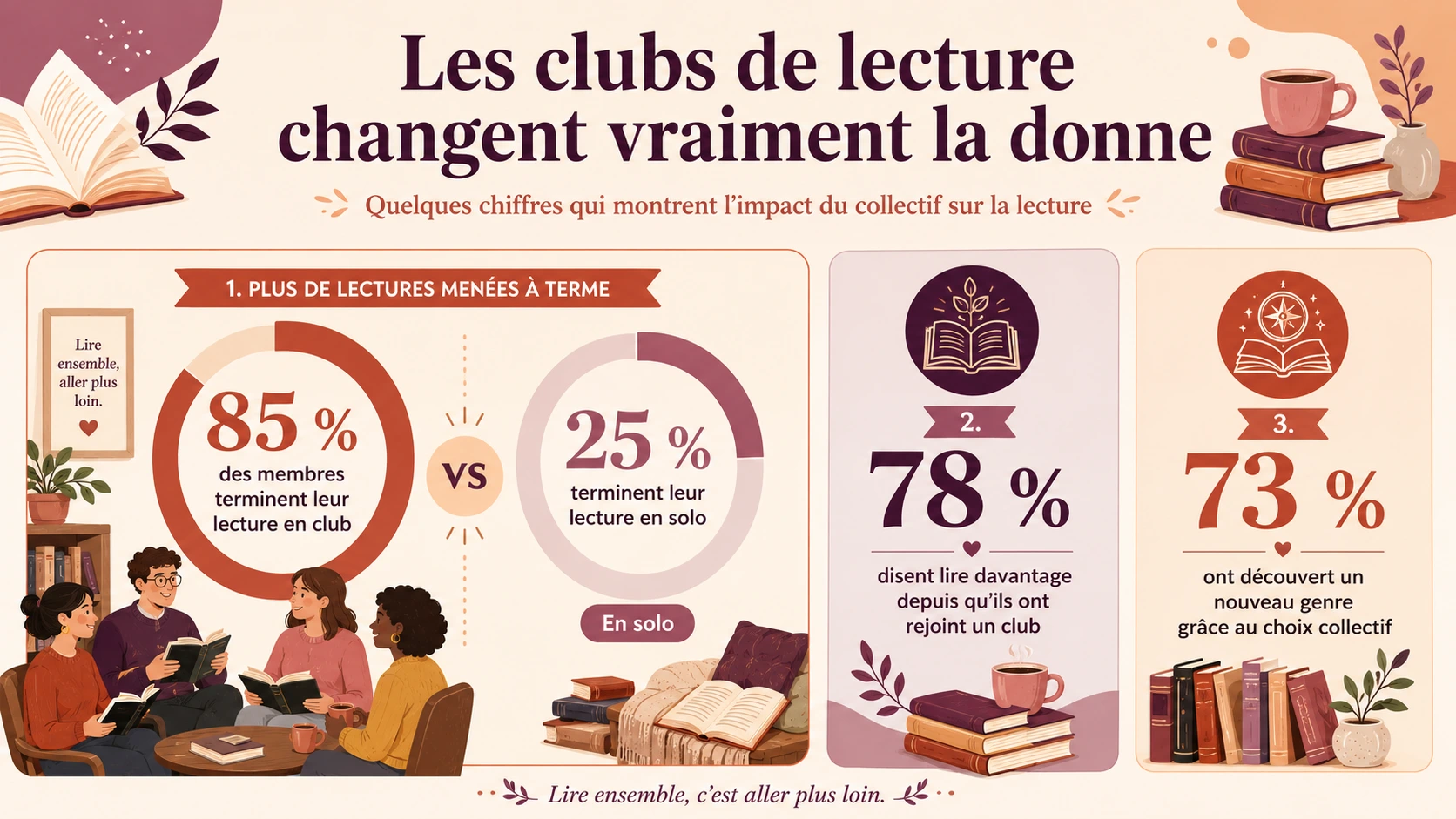Infographie montrant que les clubs de lecture aident à terminer ses livres, lire davantage et découvrir de nouveaux genres grâce au collectif.