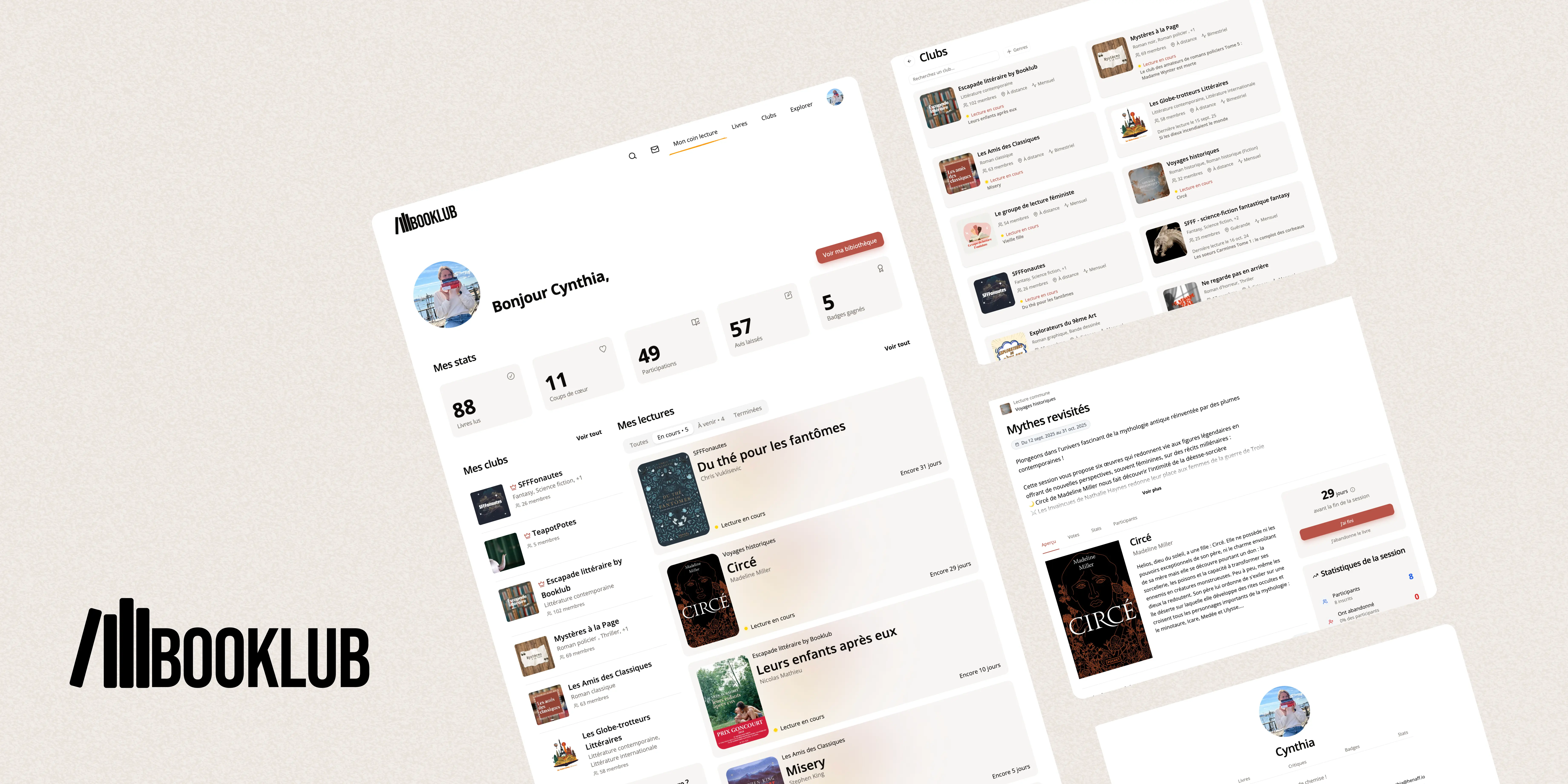 Logo Booklub accompagné de captures d’écran de l’application présentant les clubs de lecture, les lectures communes et le profil utilisateur.