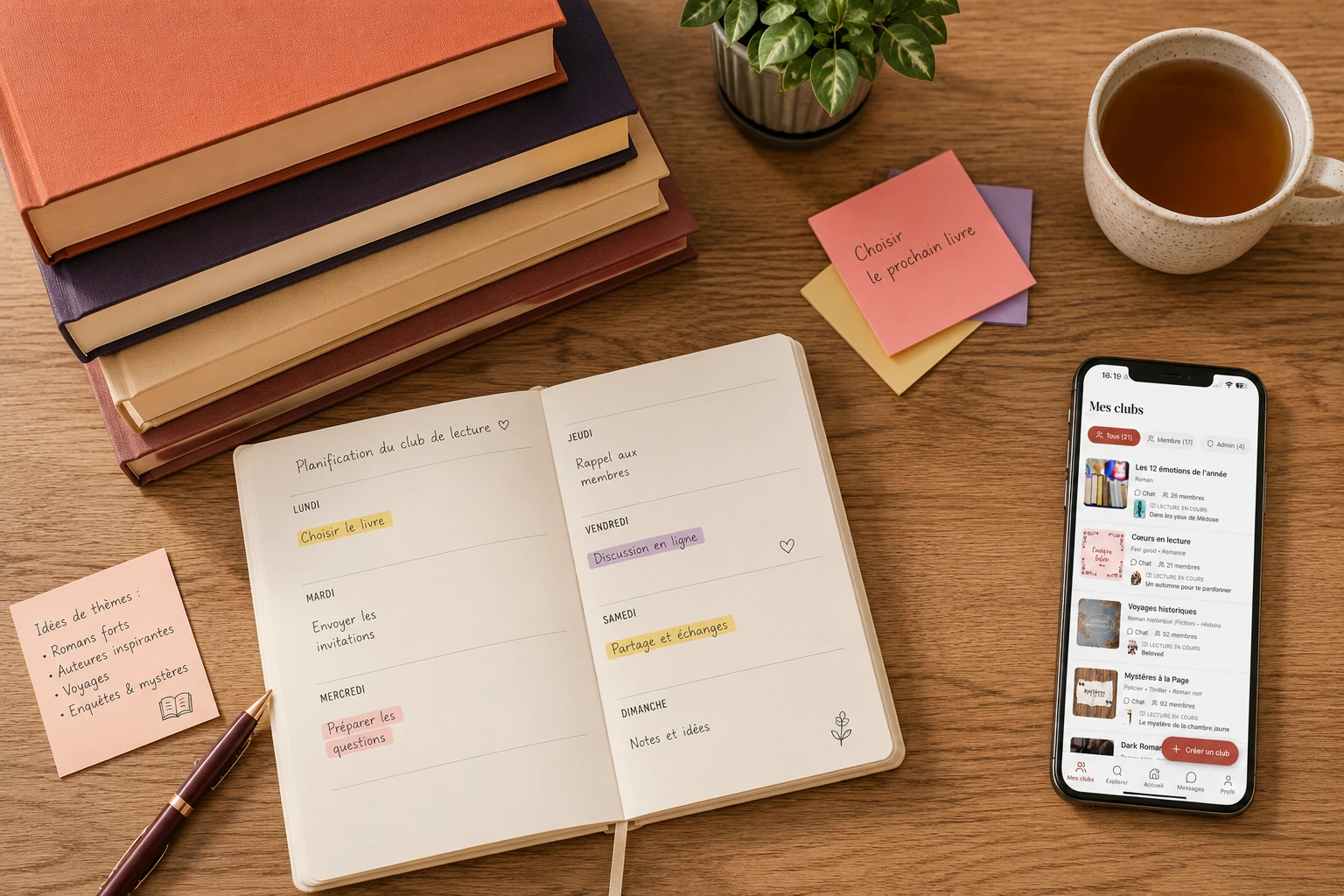 Carnet de planification, livres et smartphone affichant Booklub sur un bureau, dans une ambiance studieuse et chaleureuse.