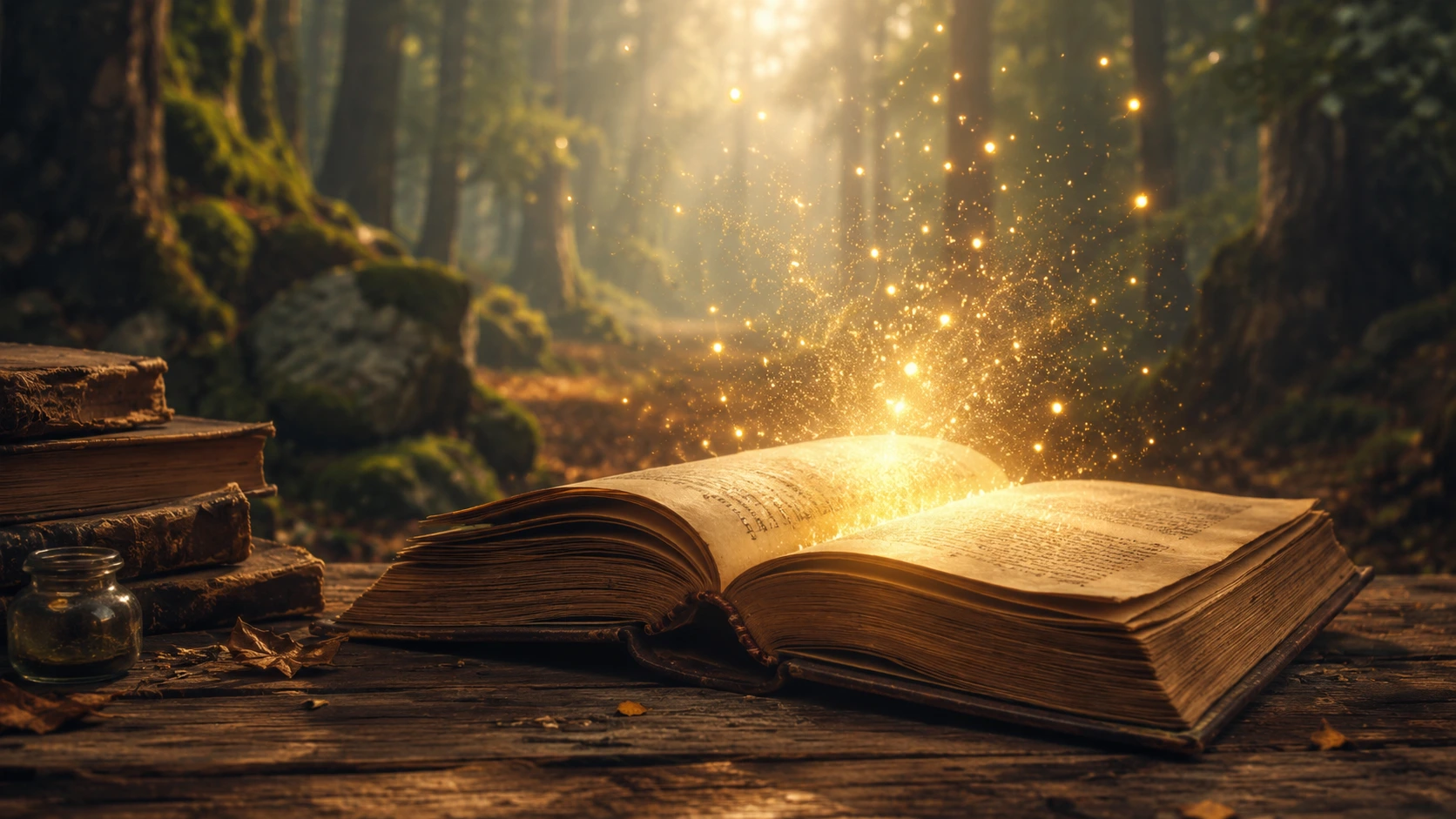 Livre ouvert dans une forêt, illuminé par des étincelles dorées évoquant la magie et l’imaginaire.