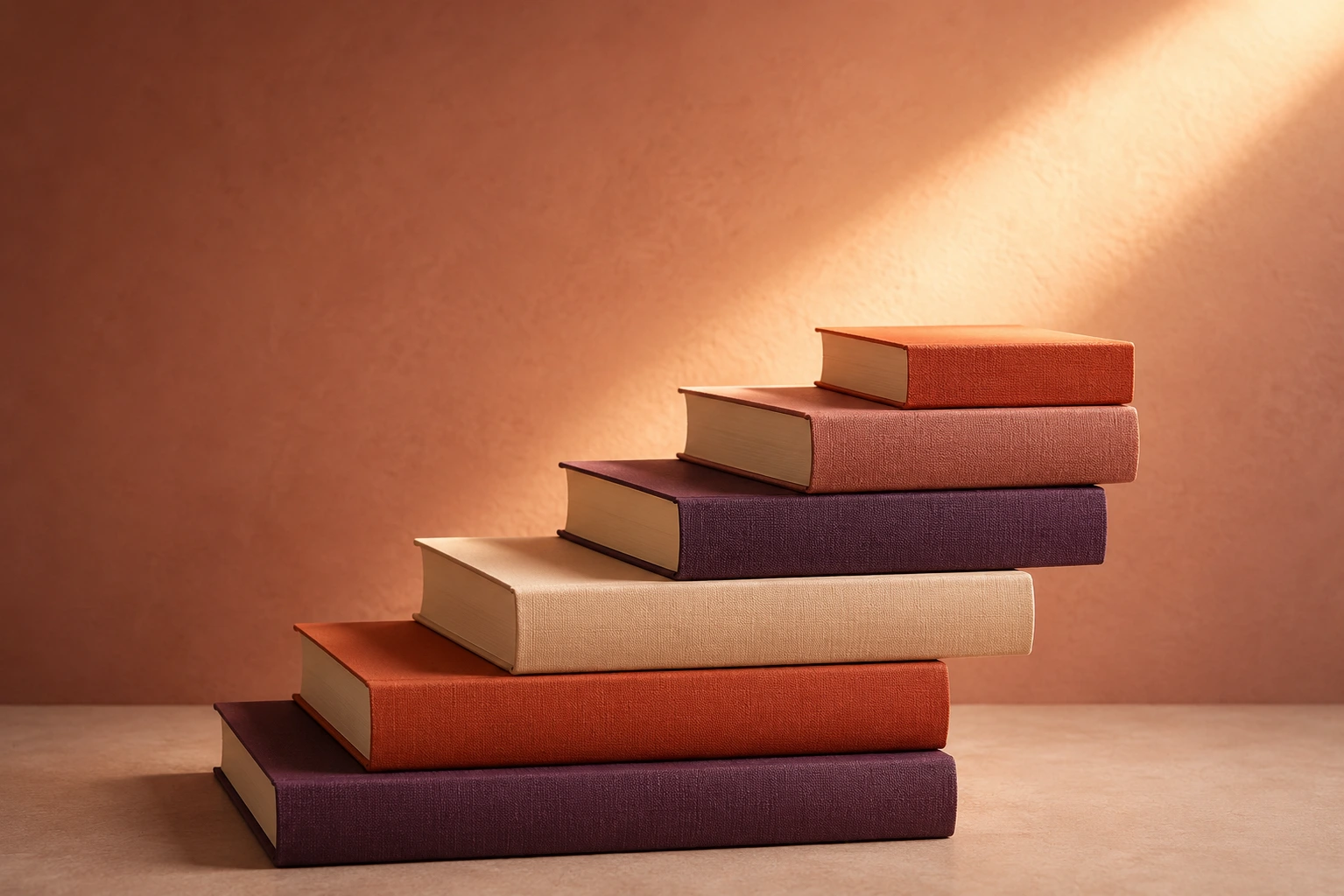 Livres empilés en forme d’escalier, éclairés par une lumière douce, symbolisant la progression dans la lecture.