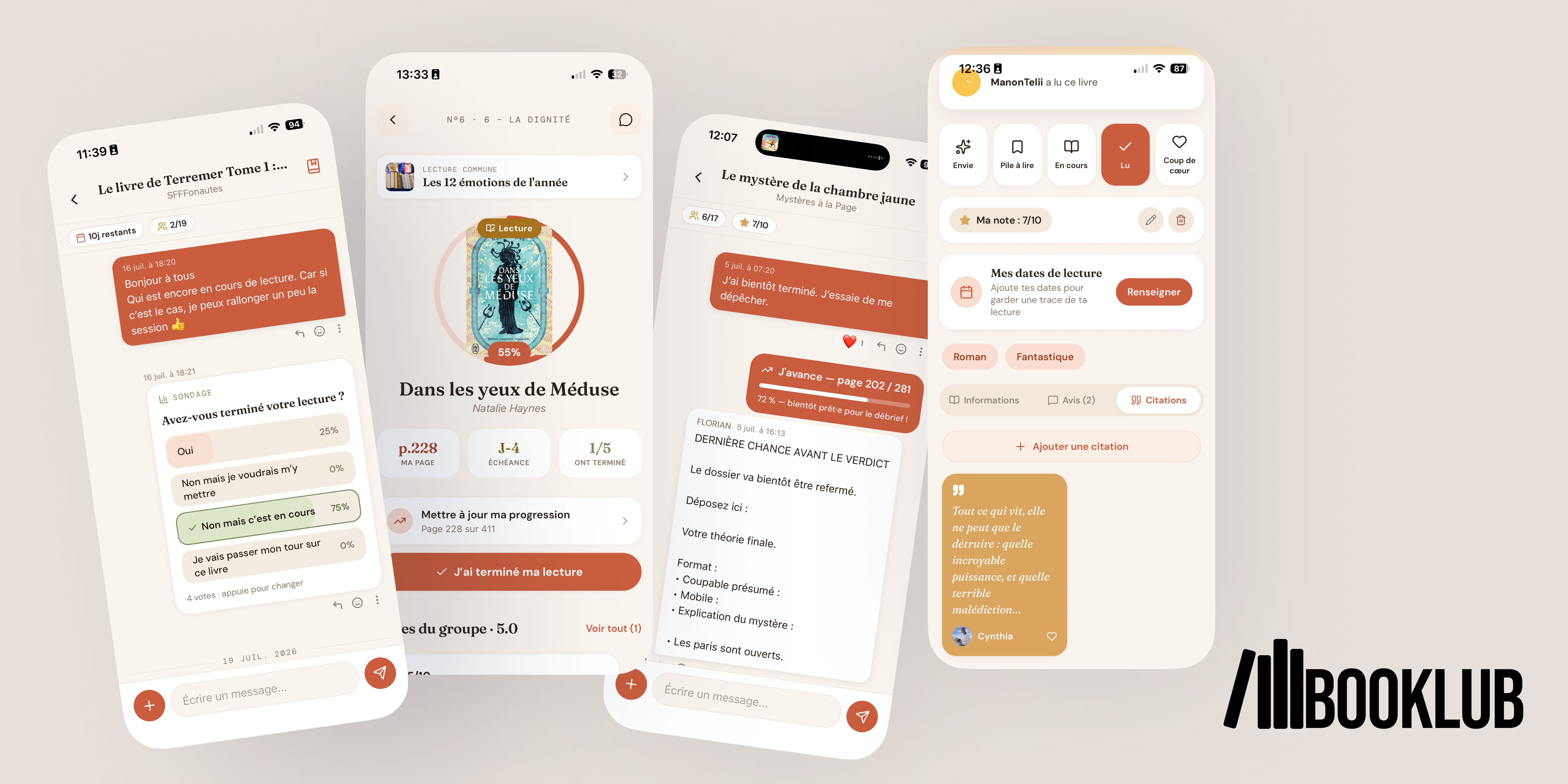 Écrans de l'application mobile Booklub présentant les nouveautés : partage de progression, sondages, citations et rendez-vous de session.