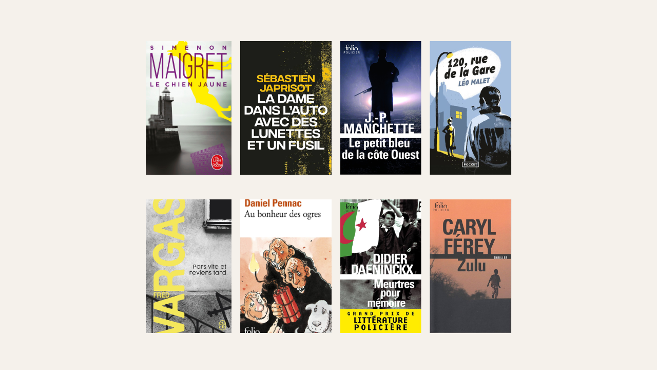 Sélection de couvertures de romans policiers français, avec des titres de Simenon, Japrisot, Manchette, Léo Malet, Fred Vargas, Daniel Pennac, Didier Daeninckx et Caryl Férey.