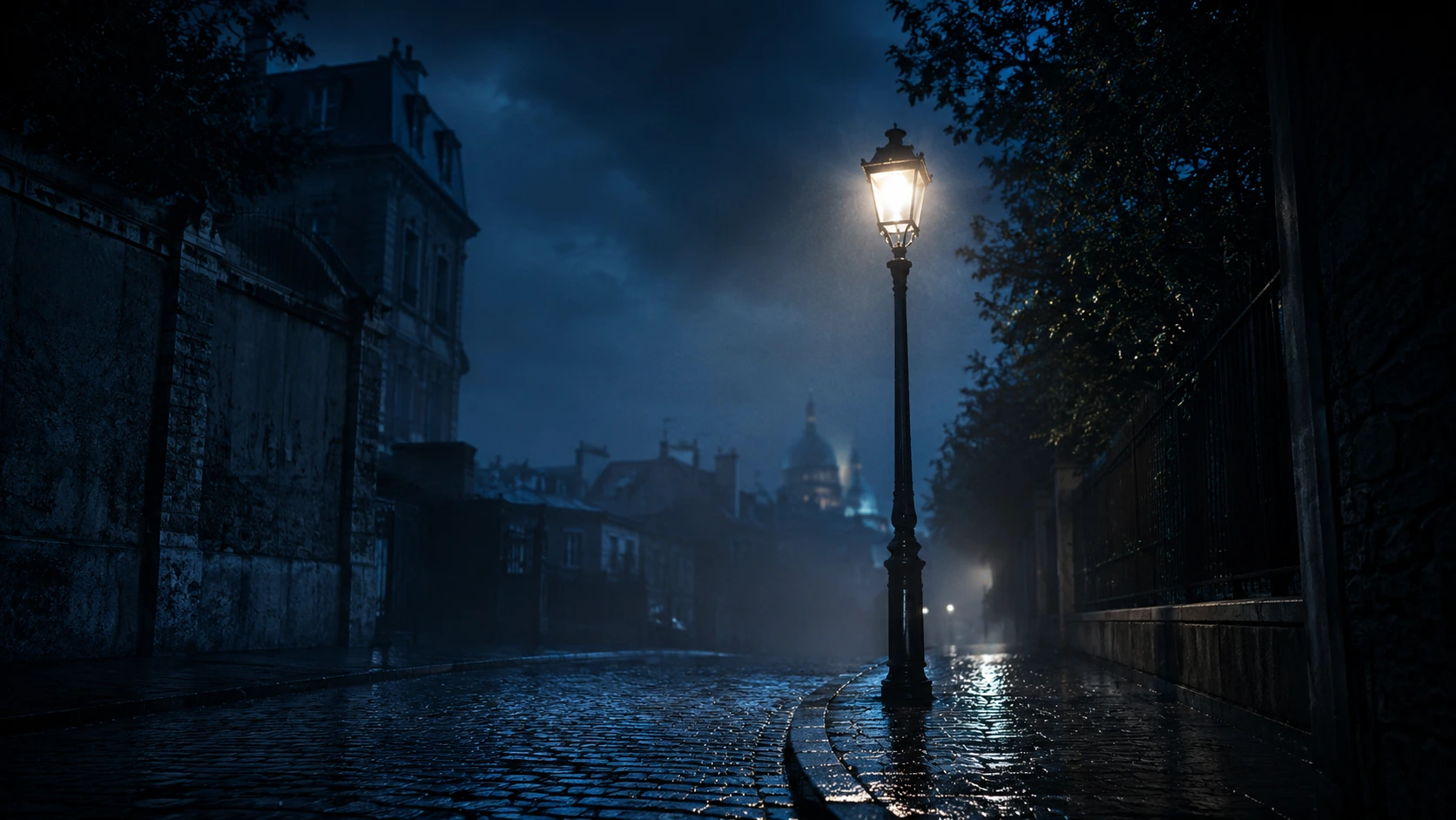 Rue pavée de nuit, brumeuse et éclairée par un lampadaire, dans une ambiance mystérieuse.