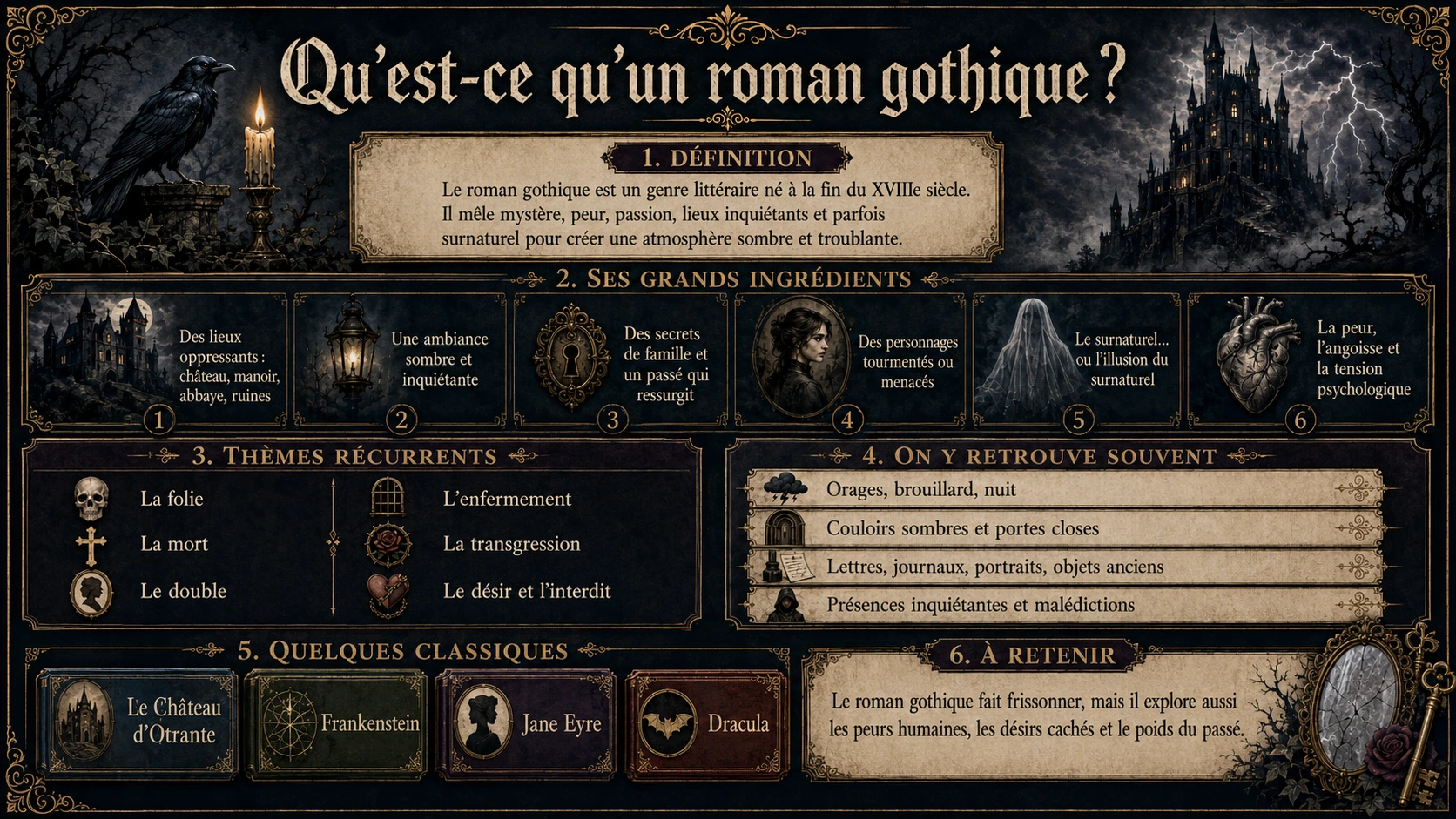 Infographie sur le roman gothique, présentant ses codes, ses thèmes, son atmosphère sombre et quelques grands classiques du genre.