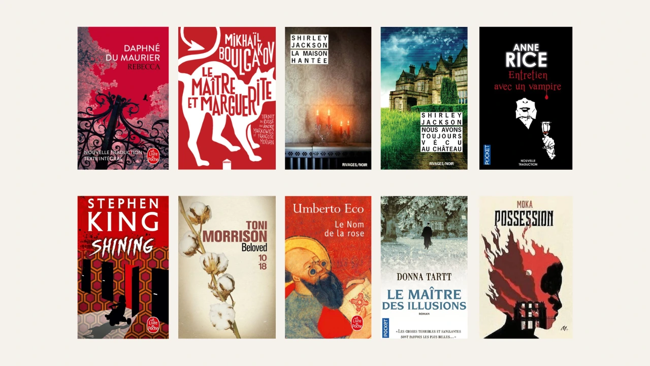 Sélection de couvertures de romans gothiques, fantastiques et sombres, avec des titres de Daphné du Maurier, Shirley Jackson, Anne Rice, Stephen King, Toni Morrison et Donna Tartt.