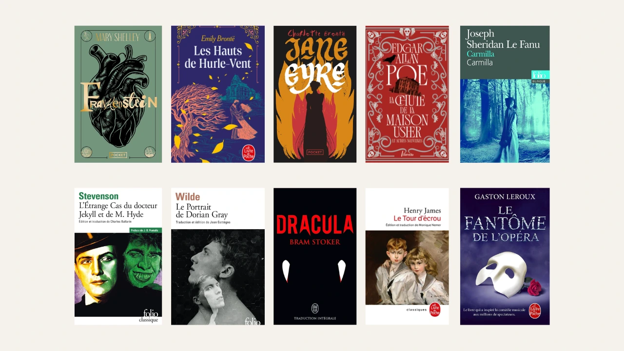 Sélection de couvertures de classiques gothiques et fantastiques, avec des titres de Mary Shelley, Emily Brontë, Edgar Allan Poe, Bram Stoker, Oscar Wilde et Gaston Leroux.