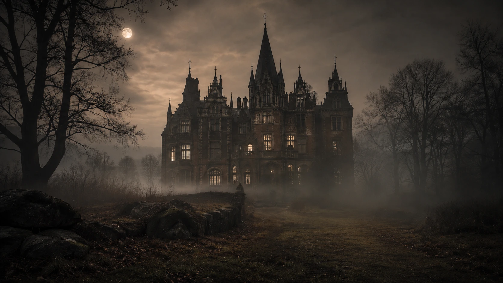 Manoir gothique entouré de brume et d’arbres nus, sous la pleine lune, dans une atmosphère sombre et inquiétante.